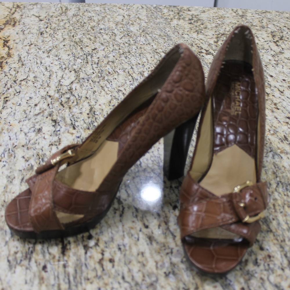 Michael Kors Brown Crocodile Open Toe Pumps